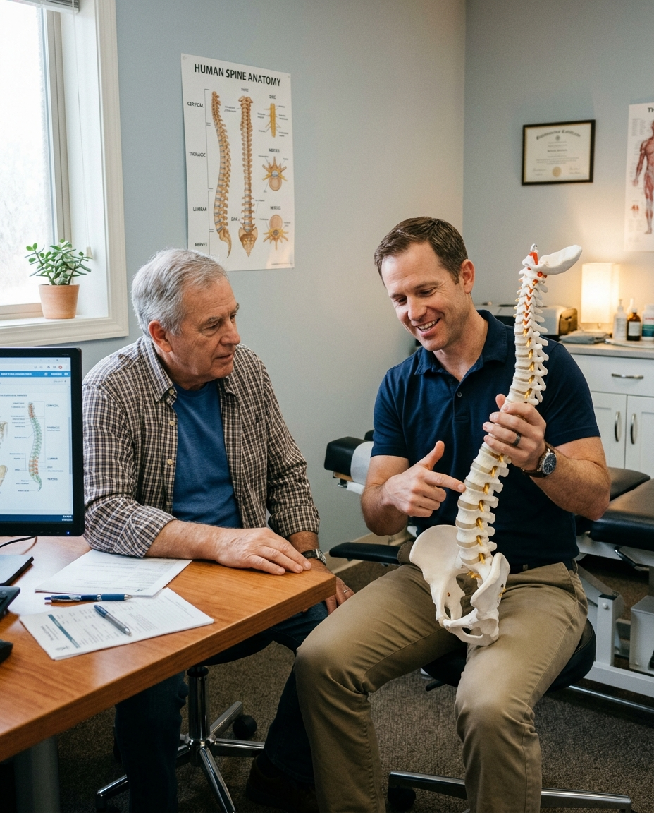 A chiropractor reviewing a spine model with a patient