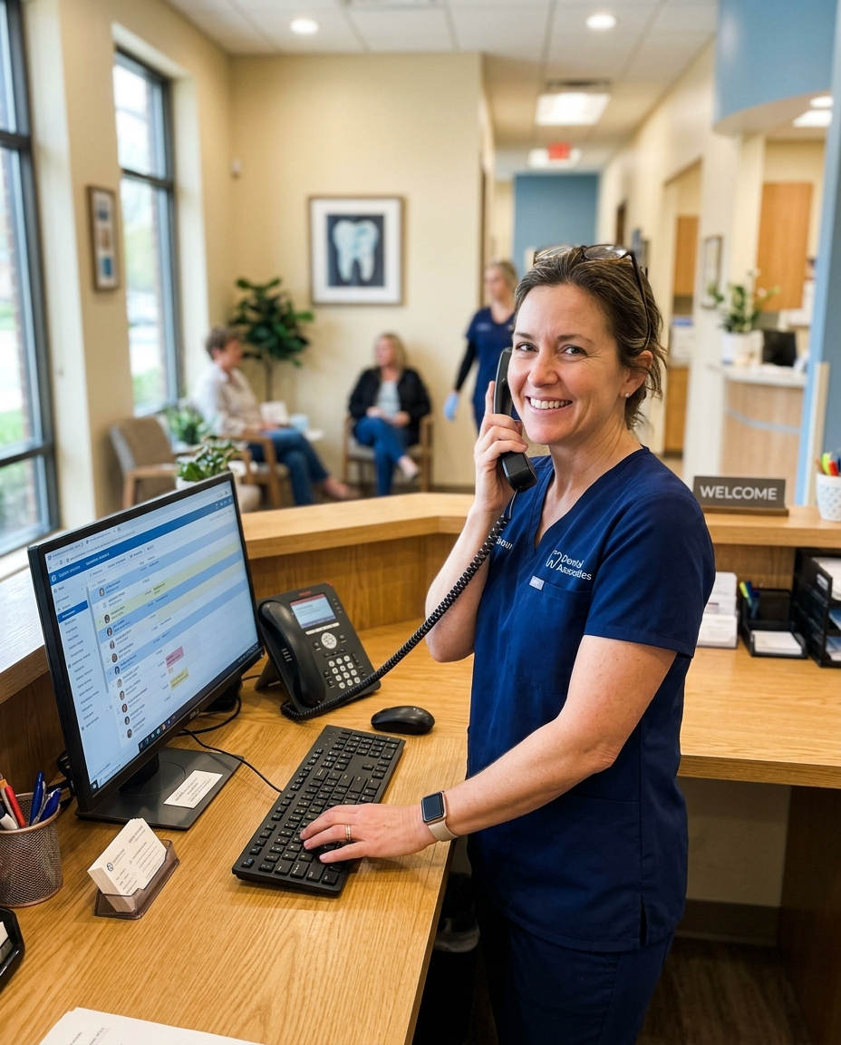 A dental office front desk coordinator at the reception counter