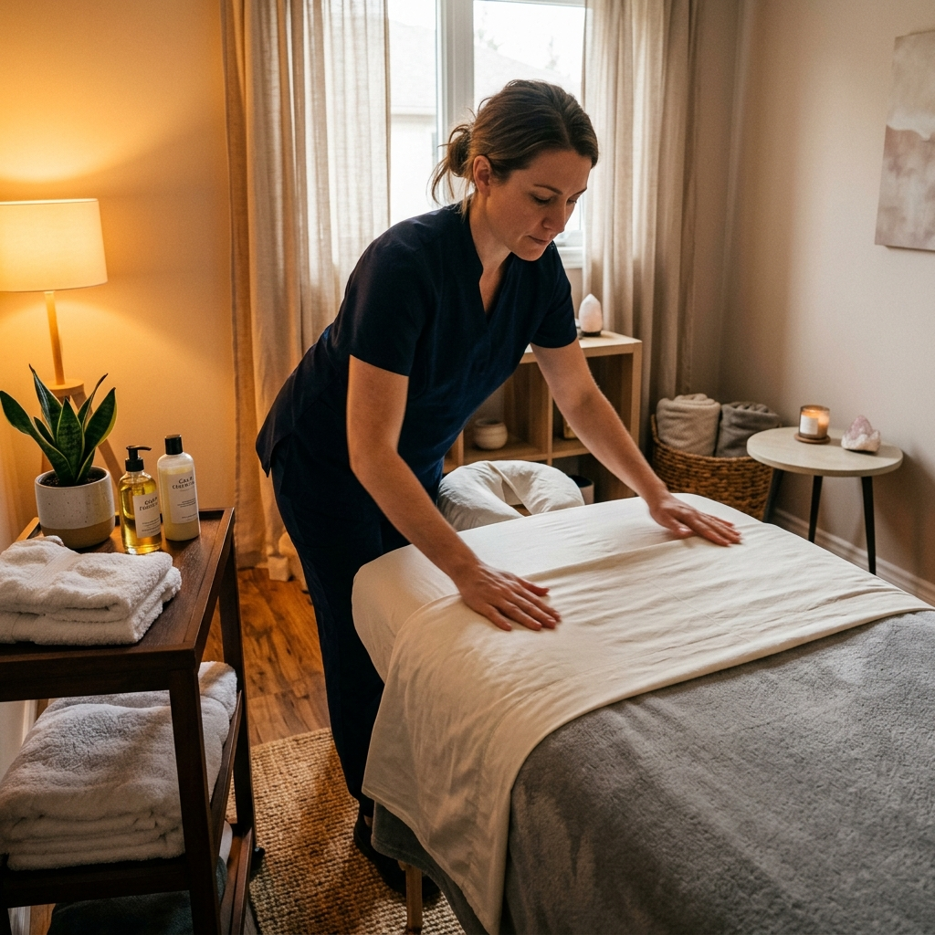 A massage therapy room being prepared between clients