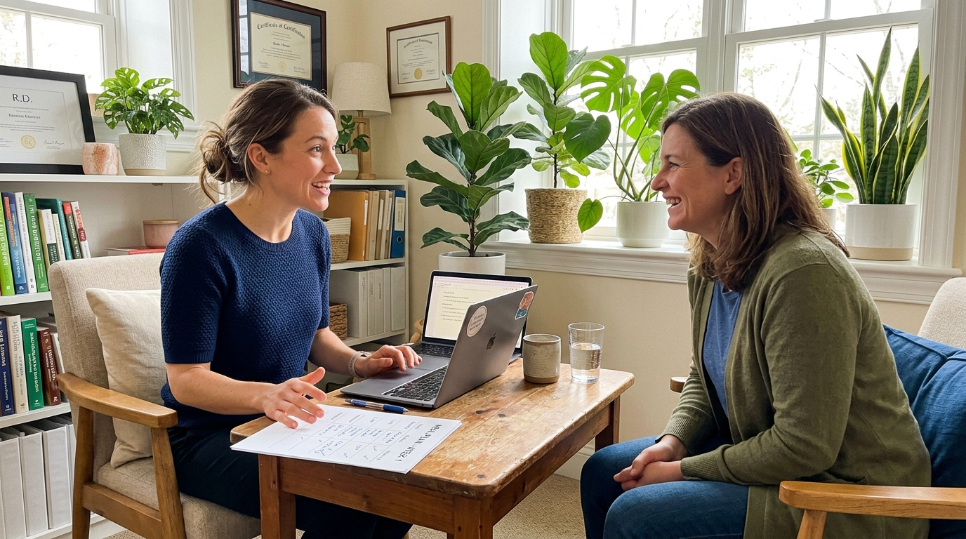 A nutritionist talking with a client across a consultation table
